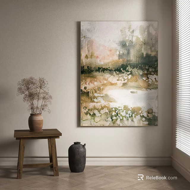 Soft Tones Abstract Painting Wall Hanging With Wooden Stool Vase And Clay Pot Decoration 3d model 