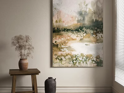 Soft Tones Abstract Painting Wall Hanging With Wooden Stool Vase And Clay Pot Decoration 3d model