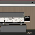 Modern Kitchen Interior With Wooden Cabinets Black Countertops Marble Backsplash And Potted Plant