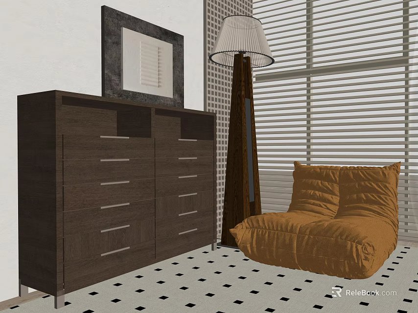 Brown Accent Chair In Room With Chest Of Drawers Floor Lamp And Checkered Floor 3d model 