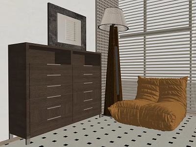 Brown Accent Chair In Room With Chest Of Drawers Floor Lamp And Checkered Floor 3d model