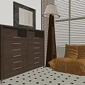Brown Accent Chair In Room With Chest Of Drawers Floor Lamp And Checkered Floor
