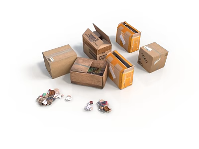 Open And Closed Cardboard Boxes With Scattered Paper And Small Items 3d model