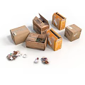 Open And Closed Cardboard Boxes With Scattered Paper And Small Items