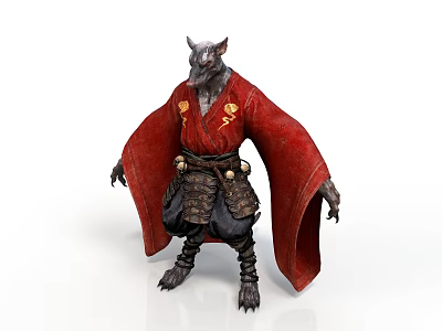 Man With Wolf Head In Red Kimono And Armor Belt Standing On White Background 3d model