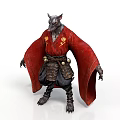 Man With Wolf Head In Red Kimono And Armor Belt Standing On White Background