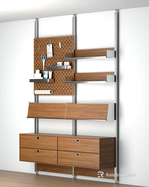 Modern Bookcase With Wooden Shelves Metal Frame Pegboard And Storage Drawers 3d model 