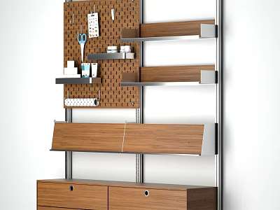 Modern Bookcase With Wooden Shelves Metal Frame Pegboard And Storage Drawers 3d model