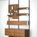 Modern Bookcase With Wooden Shelves Metal Frame Pegboard And Storage Drawers