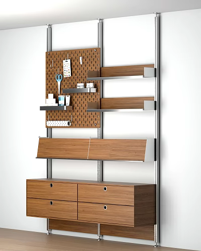 Modern Bookcase With Wooden Shelves Metal Frame Pegboard And Storage Drawers 3d model