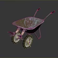 Shiny Metal Wheelbarrow With Two Wheels Green Frame Red Grips And Metal Bucket