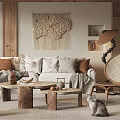 Cozy Living Room Interior With Wooden Beams Sofa Carpet And Woven Wall Art