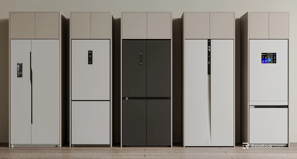 Modern Refrigerators and Freezers in Various Colors and Different Styles Arranged in a Row 3d model 