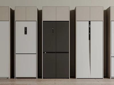 Modern Refrigerators and Freezers in Various Colors and Different Styles Arranged in a Row 3d model