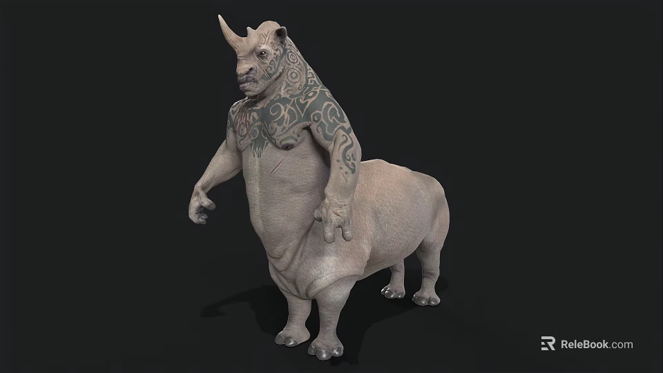 Artistic Standing Rhino Figure With Intricate Tattoo Patterns On Muscular Body 3d model 