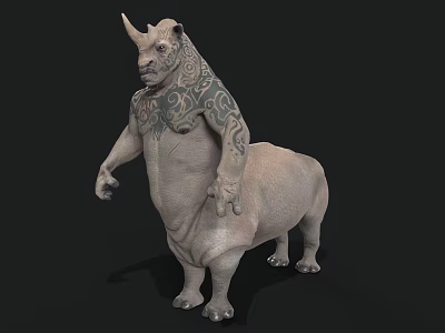Artistic Standing Rhino Figure With Intricate Tattoo Patterns On Muscular Body 3d model