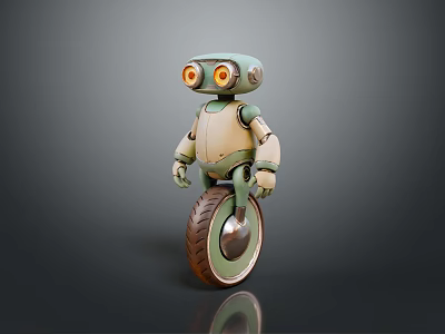 Cute Green And Beige Robot With Large Orange Eyes Riding Unicycle 3d model