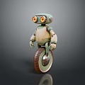 Cute Green And Beige Robot With Large Orange Eyes Riding Unicycle
