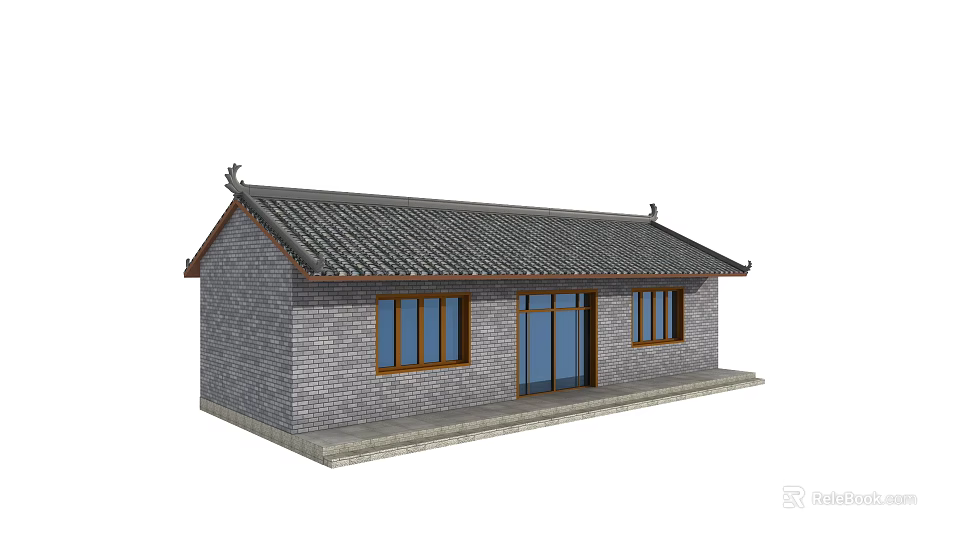 Ancient Chinese Traditional Architecture with Gray Tiled Roof Brick Wall Wooden Windows and Glass Door 3d model 