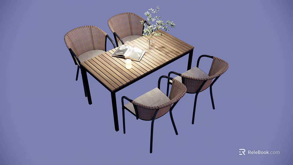 Wooden Outdoor Table with Four Rattan Chairs and a Book with Plant Vase on Top 3d model 