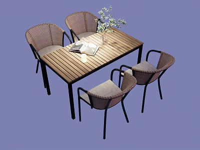 Wooden Outdoor Table with Four Rattan Chairs and a Book with Plant Vase on Top 3d model