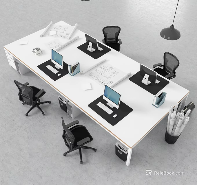 Large White Office Desk With Computer Monitors Black Office Chairs Blueprints And Hanging Lamp 3d model 