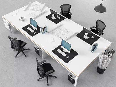 Large White Office Desk With Computer Monitors Black Office Chairs Blueprints And Hanging Lamp 3d model
