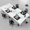 Large White Office Desk With Computer Monitors Black Office Chairs Blueprints And Hanging Lamp