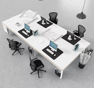 Large White Office Desk With Computer Monitors Black Office Chairs Blueprints And Hanging Lamp 3d model