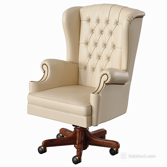 Elegant Beige High Back Office Chair With Tufted Upholstery And Wooden Wheel Base 3d model 