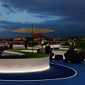 Modern Roof Garden Design With Curved Pathways Lush Greenery Seating Areas And Ambient Lighting