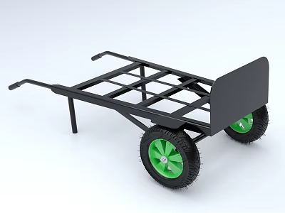 Heavy Duty Utility Trailer With Black Metal Frame Green Wheels And Hand Pulled Design 3d model