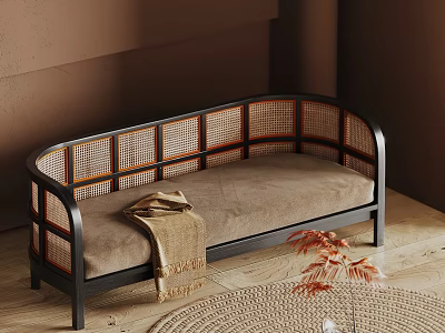 Stylish Multi-Seater Sofa With Black Frame Rattan Backrest Beige Cushion And Brown Throw Blanket 3d model
