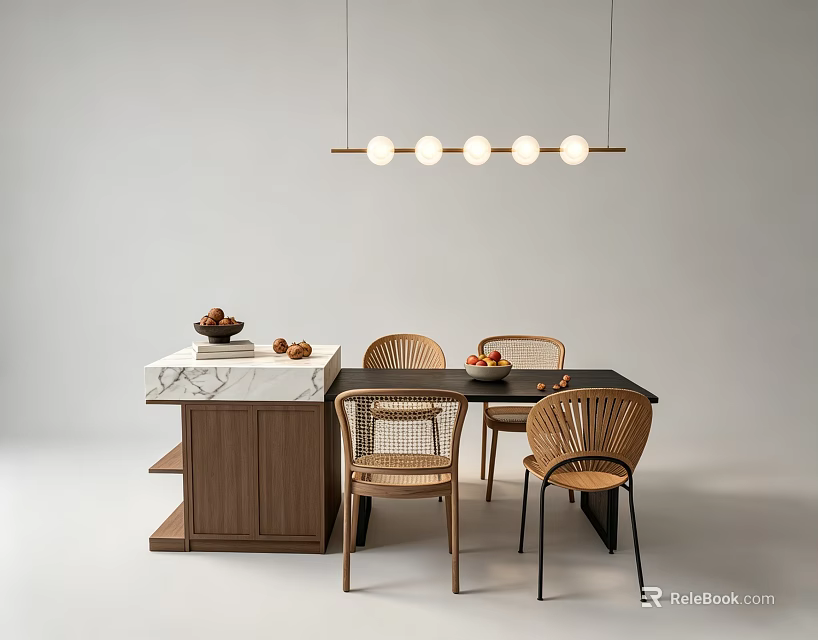 Modern Dining Table Set With Woven Rattan Chairs Marble Top Sideboard And Hanging Pendant Light 3d model 