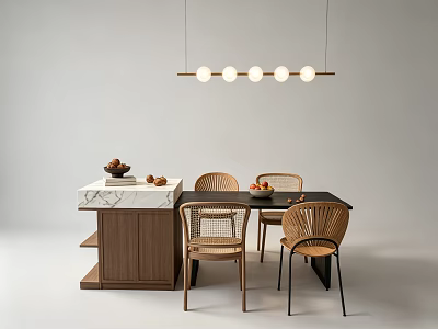 Modern Dining Table Set With Woven Rattan Chairs Marble Top Sideboard And Hanging Pendant Light 3d model