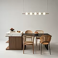 Modern Dining Table Set With Woven Rattan Chairs Marble Top Sideboard And Hanging Pendant Light
