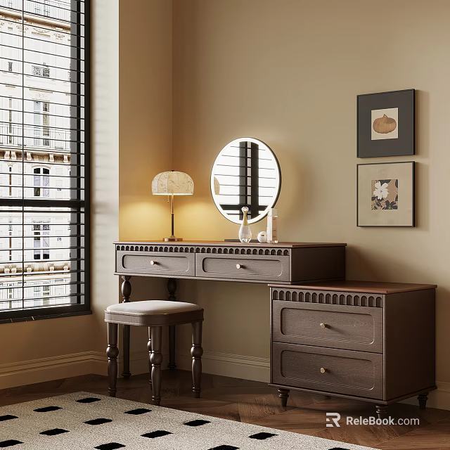 Modern Gray Dressing Table With Round Mirror Stool Table Lamp And Framed Paintings 3d model 