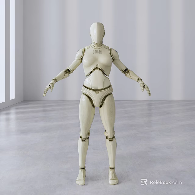 Smart Robot White Body With Mechanical Joints COMB Logo Standing In Empty Room 3d model 