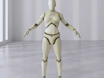 Smart Robot White Body With Mechanical Joints COMB Logo Standing In Empty Room 3d model