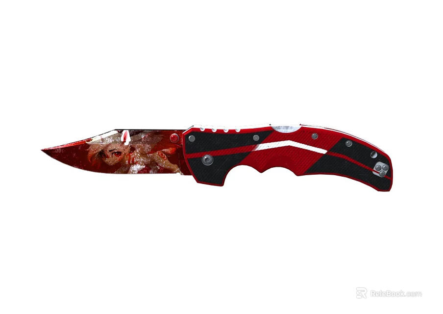 Red And Black Folding Knife With Patterned Blade And Metal Handle Components 3d model