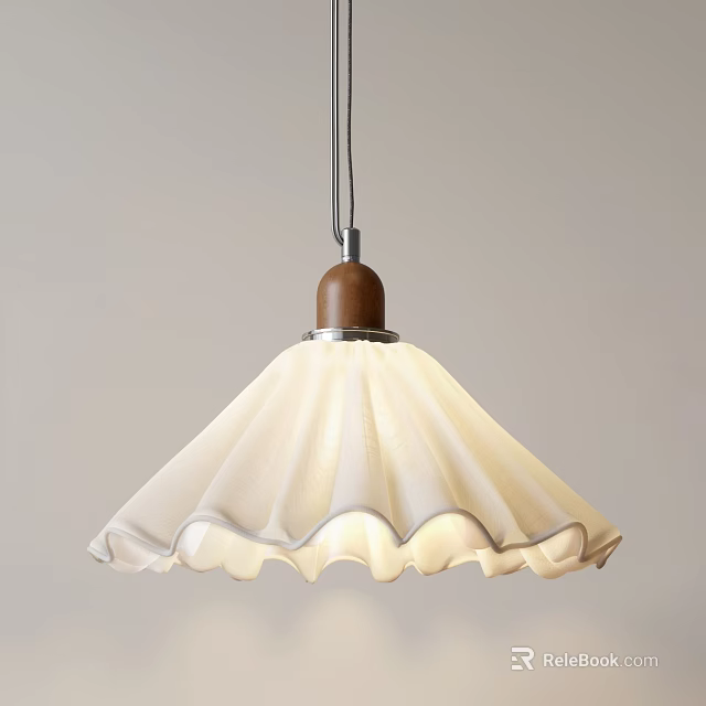 Stylish Pendant Light With White Ruffled Lampshade Brown Wooden Top And Metal Rod 3d model 