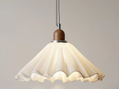 Stylish Pendant Light With White Ruffled Lampshade Brown Wooden Top And Metal Rod 3d model