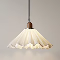Stylish Pendant Light With White Ruffled Lampshade Brown Wooden Top And Metal Rod