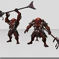 Red Skinned Muscular Game Movie Characters With Large Axes And Spiked Battle Gear