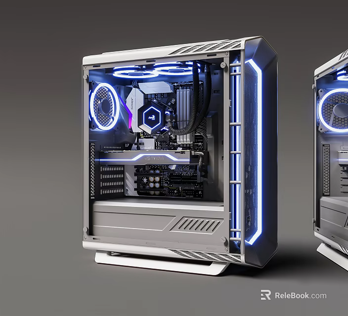 Sleek Gaming PC Case With Transparent Side Panel Blue LED Fans And Internal Hardware 3d model 