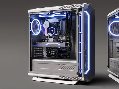 Sleek Gaming PC Case With Transparent Side Panel Blue LED Fans And Internal Hardware 3d model