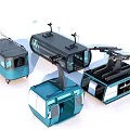 Multiple Modern Cable Car Designs Featuring Transparent Windows And Blue Black Frames