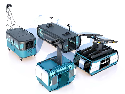 Multiple Modern Cable Car Designs Featuring Transparent Windows And Blue Black Frames 3d model