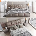 Modern Double Bed With Leather Headboard Gray White Bedding And Bedside Tables 3d model