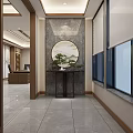 Modern Office Hallway With Circular Decorative Painting Green Plants Marble Wall And Large Windows